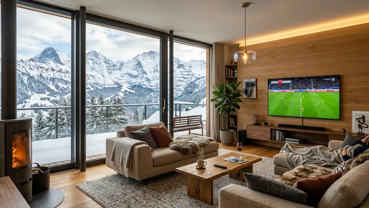 Modernes Schweizer Wohnzimmer mit TV und Bergpanorama